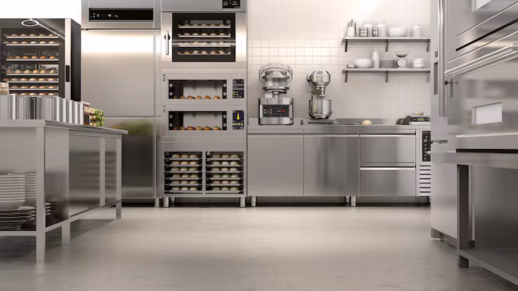 Commercial bakery kitchen with industrial ovens, mixer, refrigerator, and stainless steel worktables, shown in a clean and well-maintained environment.