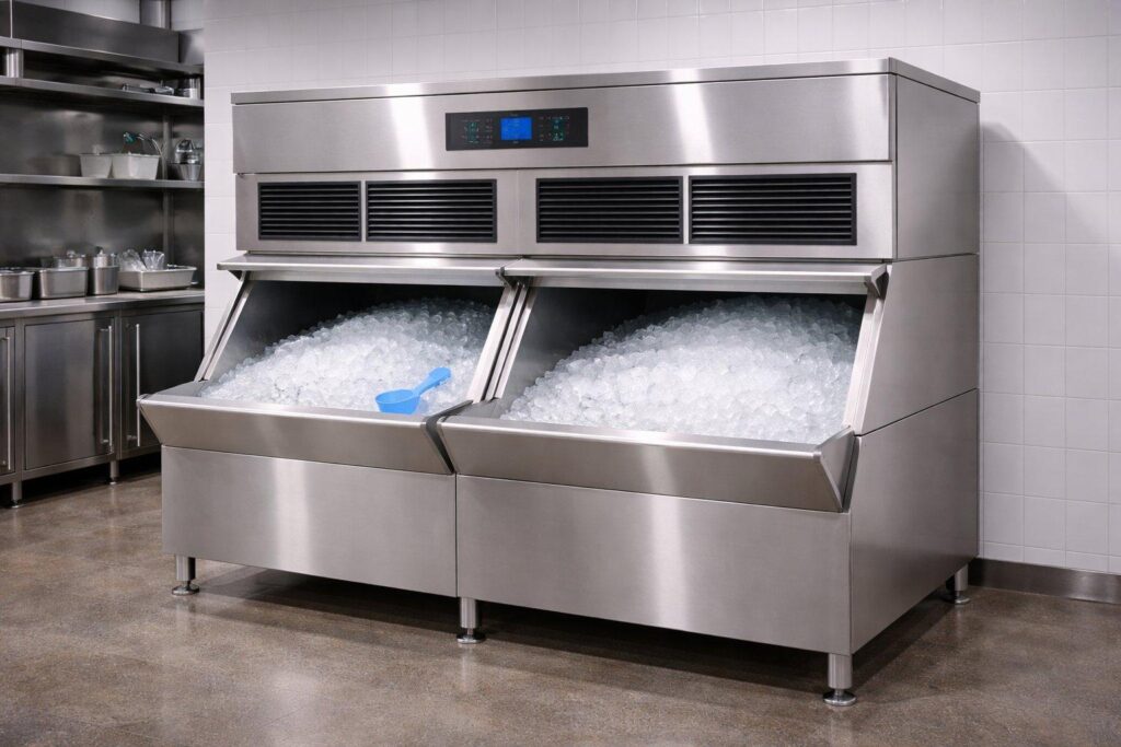 Large commercial ice maker with two open bins filled with ice and a blue scoop, positioned in a professional kitchen with stainless steel shelving in the background.