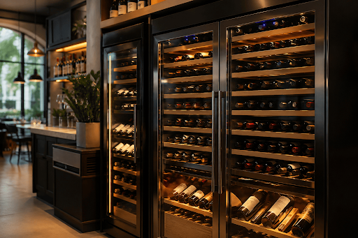 A dimly lit restaurant featuring several different types of wine coolers