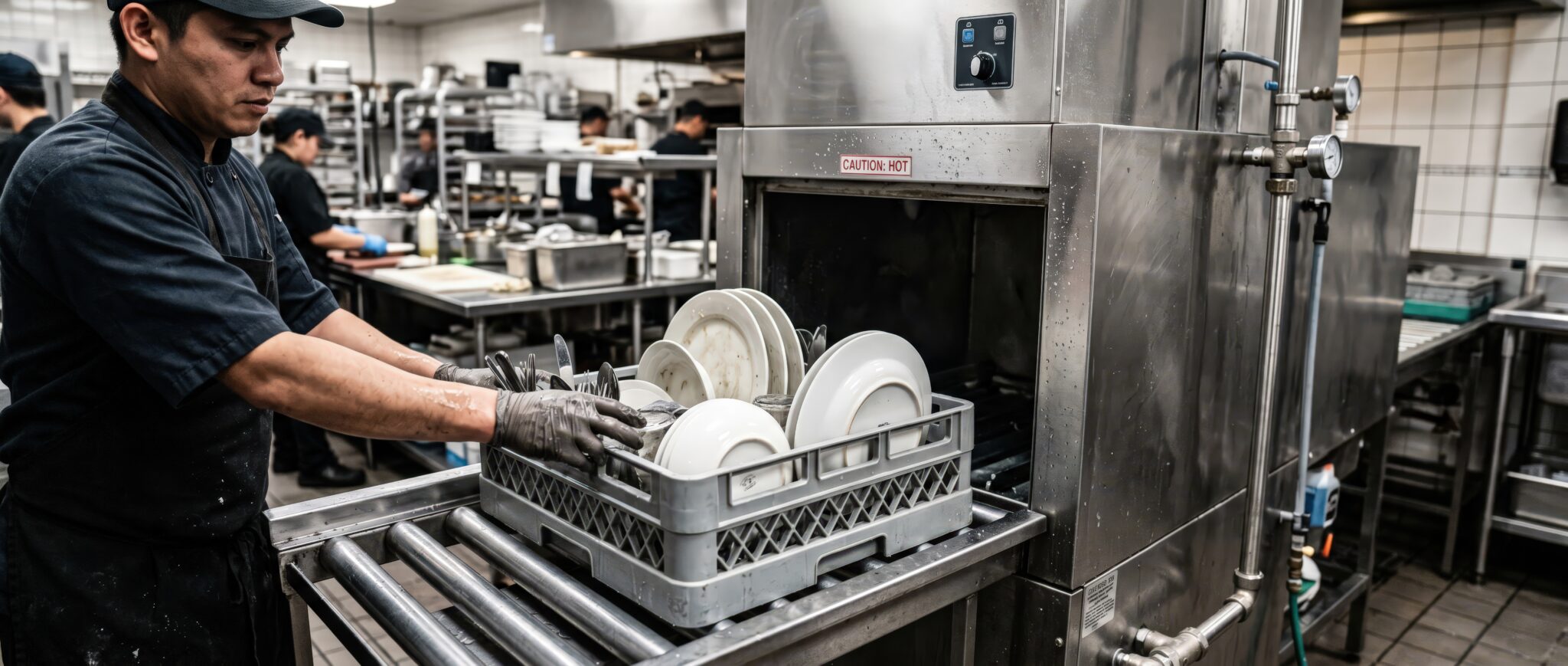 View of a man in kitchen attire loading a rack of dirty dishes into a commercial dishwasher